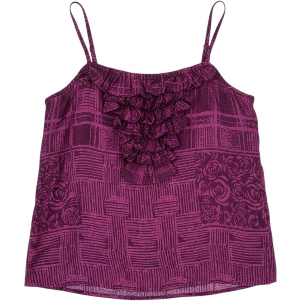 Billabong Purple Rose Print Ruffle Bib Cami Top Button Back Adjustable Strap